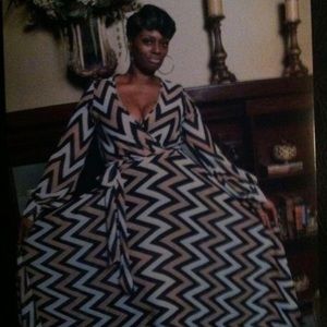 Black/Tan/White Long Sleeved Wrap Dress